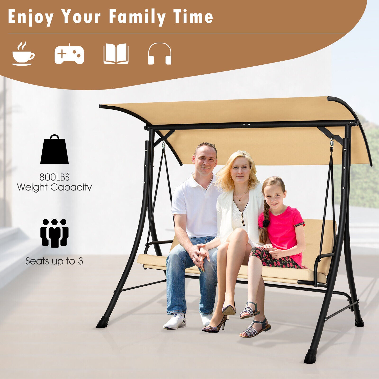 3-Seat Outdoor Porch Swing, Adjustable Canopy, Padded Cushions, Beige Porch Swings at Gallery Canada