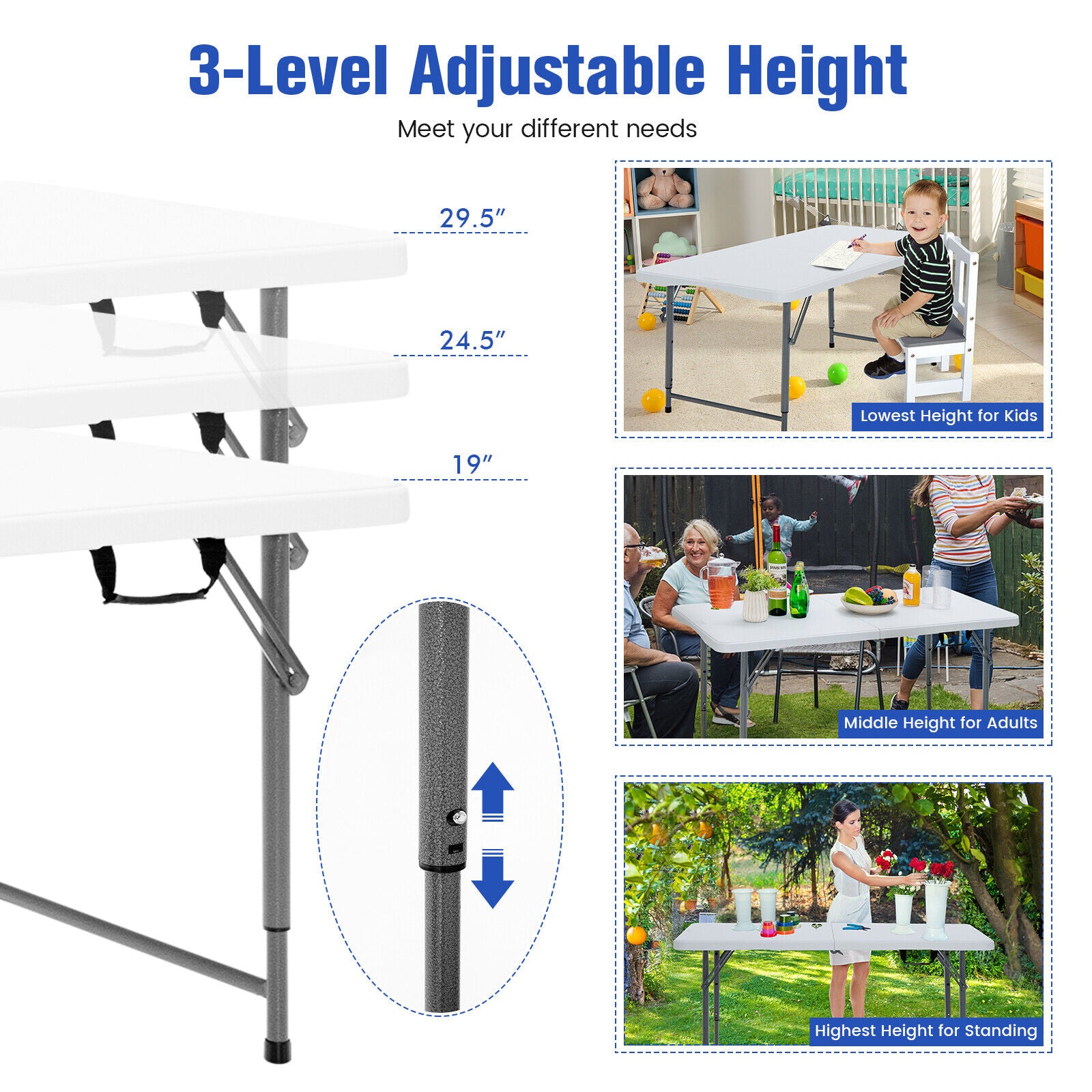 3-Level Adjustable Folding Table, White Camping Furniture at Gallery Canada