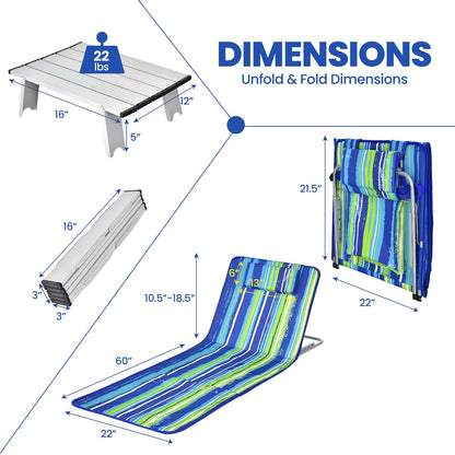 3 Piece Beach Lounge Chair Mat Set, 2 Adjustable Chairs With Table, Stripe-Stripe, Blue & Green Beach & Lawn Chairs at Gallery Canada