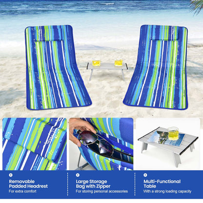 3 Piece Beach Lounge Chair Mat Set, 2 Adjustable Chairs With Table, Stripe-Stripe, Blue & Green Beach & Lawn Chairs at Gallery Canada