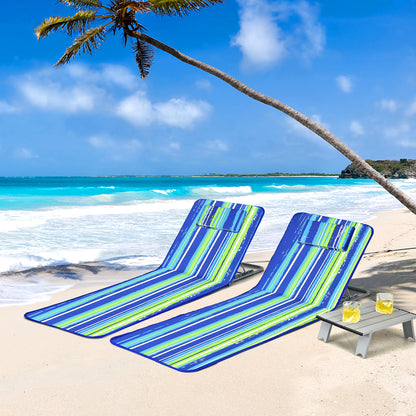 3 Piece Beach Lounge Chair Mat Set, 2 Adjustable Chairs With Table, Stripe-Stripe, Blue & Green Beach & Lawn Chairs at Gallery Canada