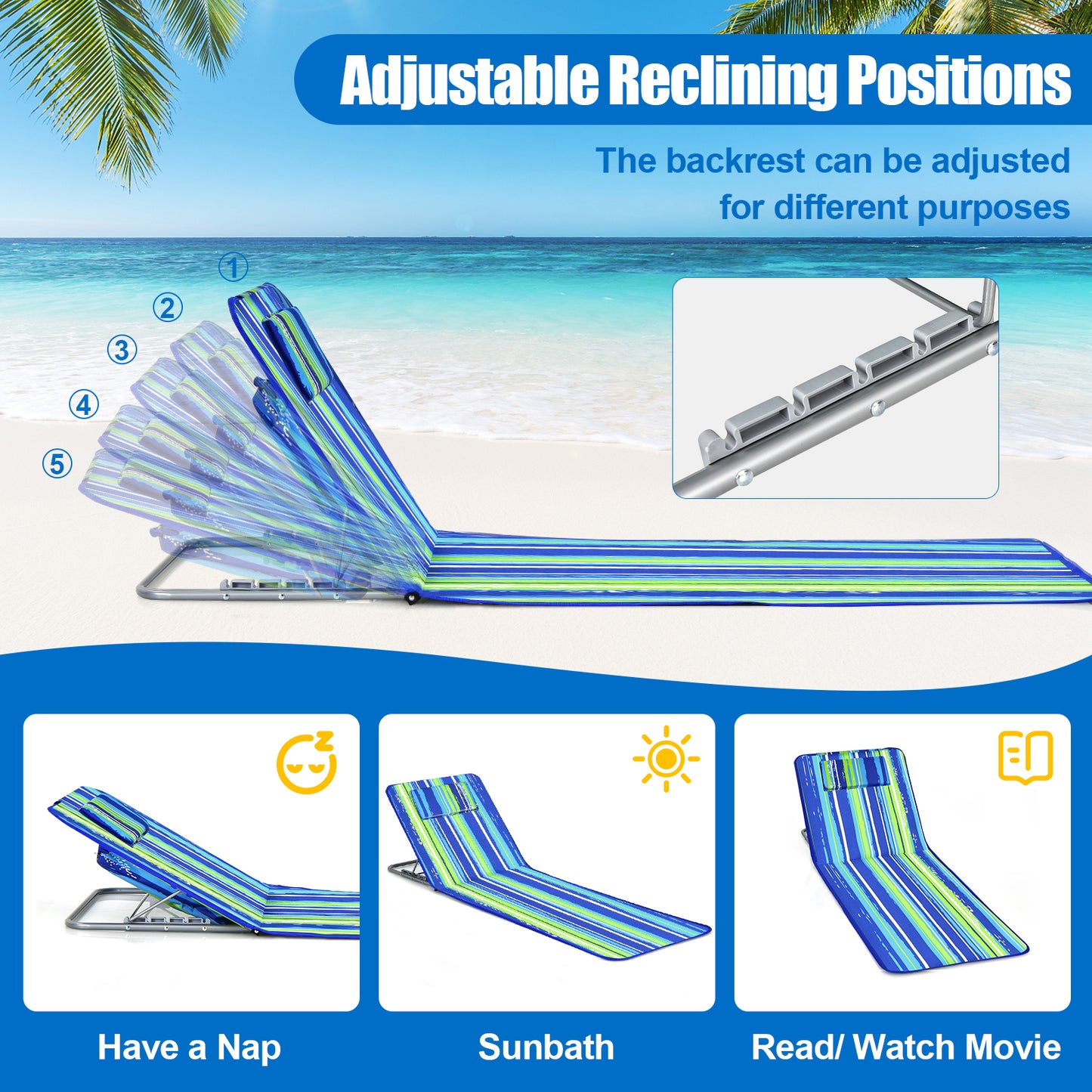 3 Piece Beach Lounge Chair Mat Set, 2 Adjustable Chairs With Table, Stripe-Stripe, Blue & Green Beach & Lawn Chairs at Gallery Canada