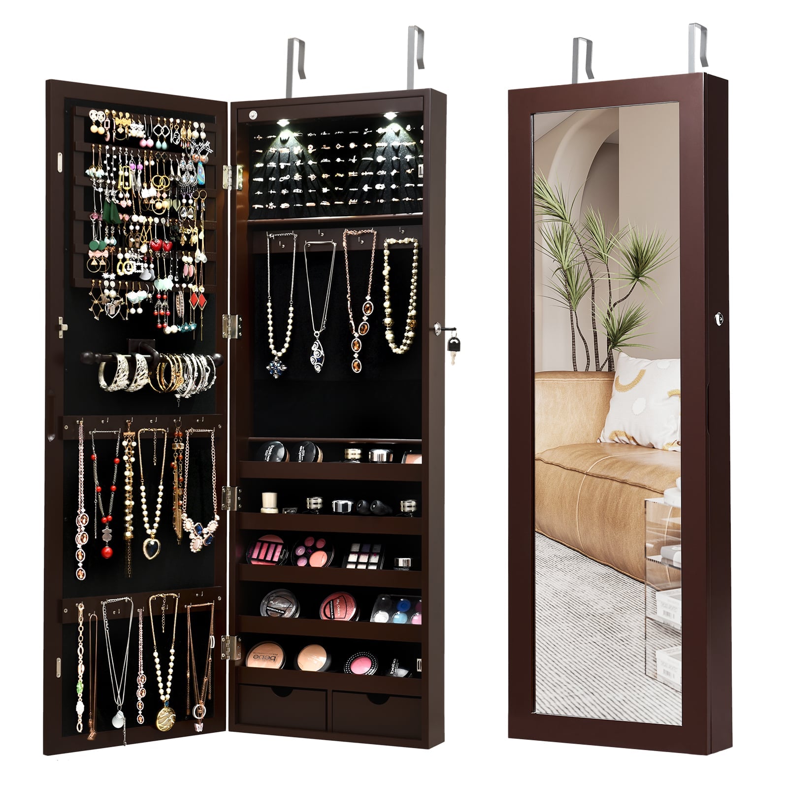 Lockable Wall Mount Jewelry Cabinet, Mirrored With LED Lights, Brown Jewelry Armoires at Gallery Canada