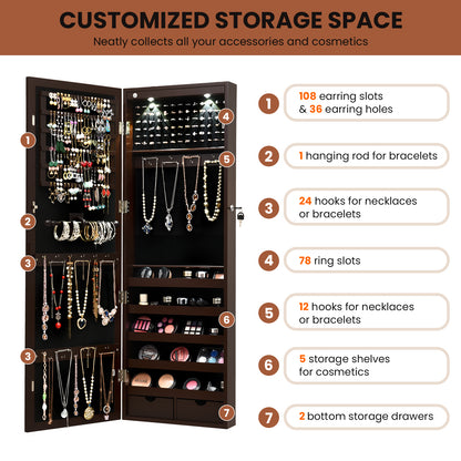 Lockable Wall Mount Jewelry Cabinet, Mirrored With LED Lights, Brown Jewelry Armoires at Gallery Canada