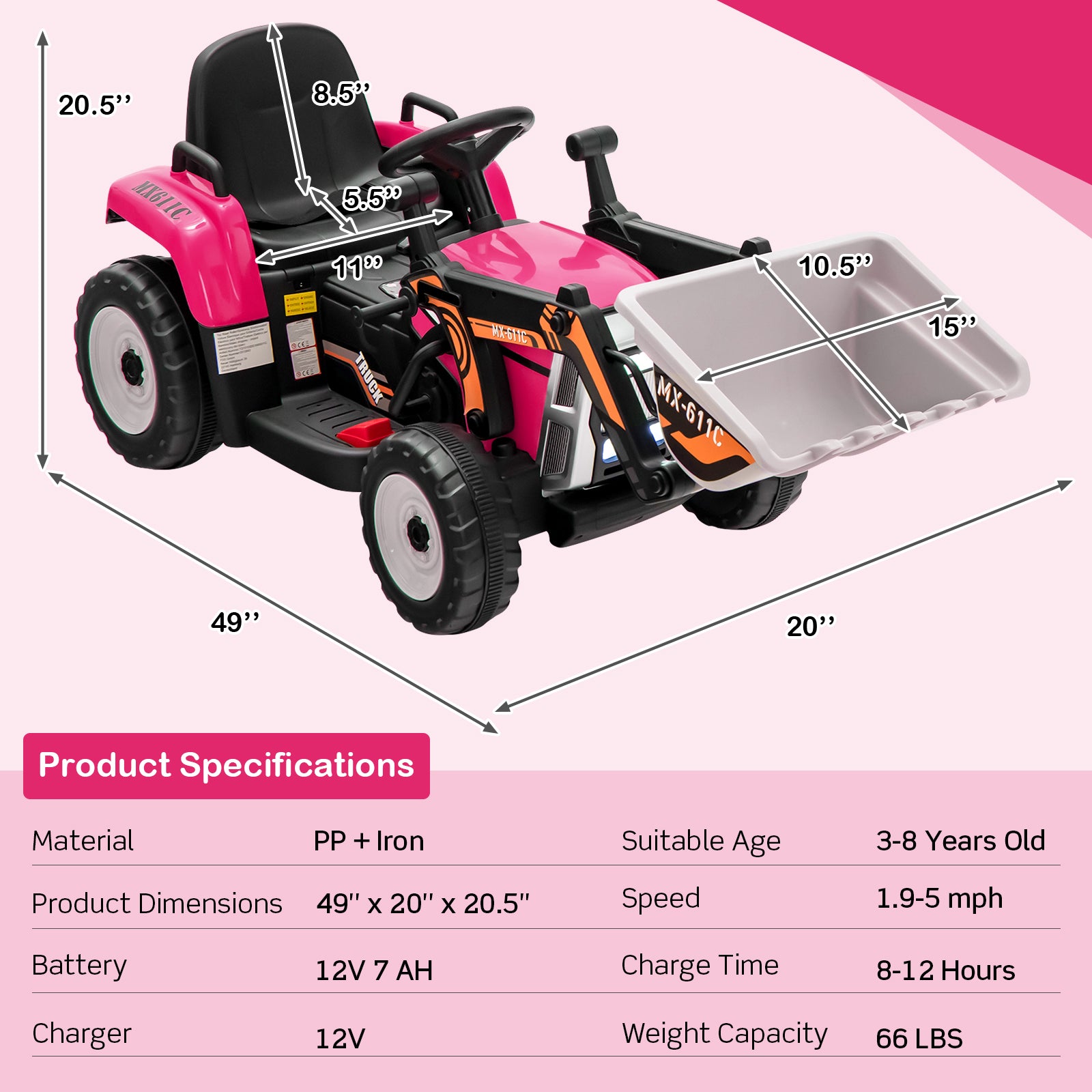 12V Kids Ride On Excavator, Adjustable Arm And Bucket, Pink Powered Ride On Toys at Gallery Canada