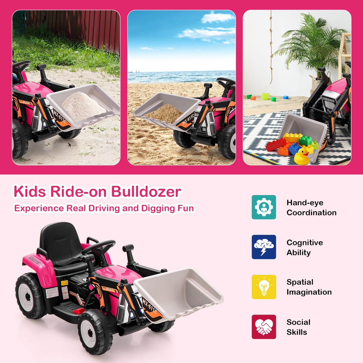 12V Kids Ride On Excavator, Adjustable Arm And Bucket, Pink Powered Ride On Toys at Gallery Canada