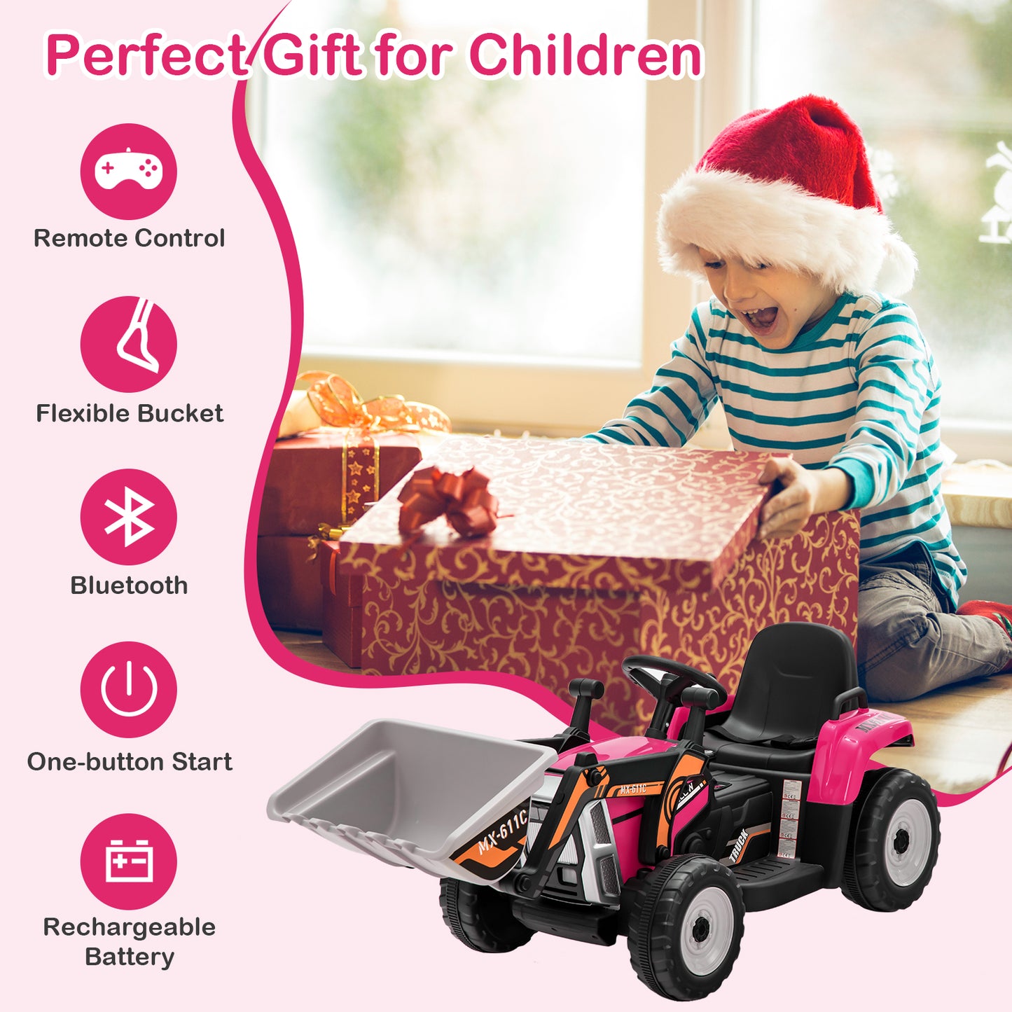 12V Kids Ride On Excavator, Adjustable Arm And Bucket, Pink Powered Ride On Toys at Gallery Canada