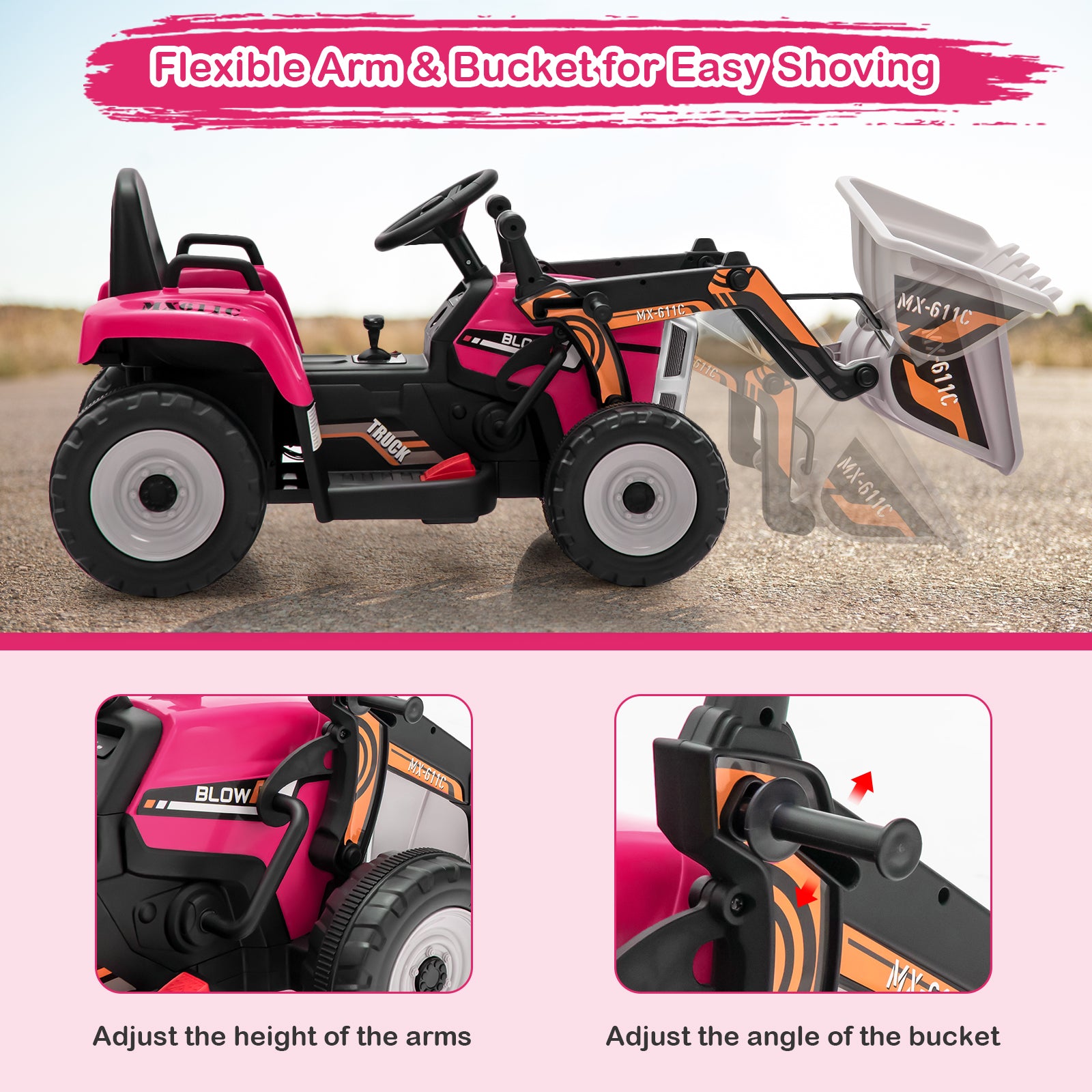 12V Kids Ride On Excavator, Adjustable Arm And Bucket, Pink Powered Ride On Toys at Gallery Canada