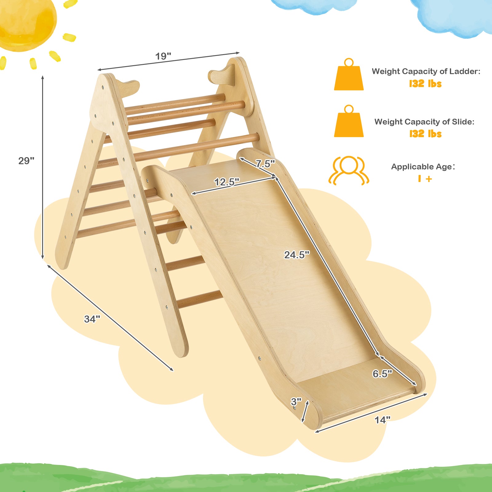 Wooden Triangle Climber Set, Adjustable Slide, Natural Climbers & Slides at Gallery Canada