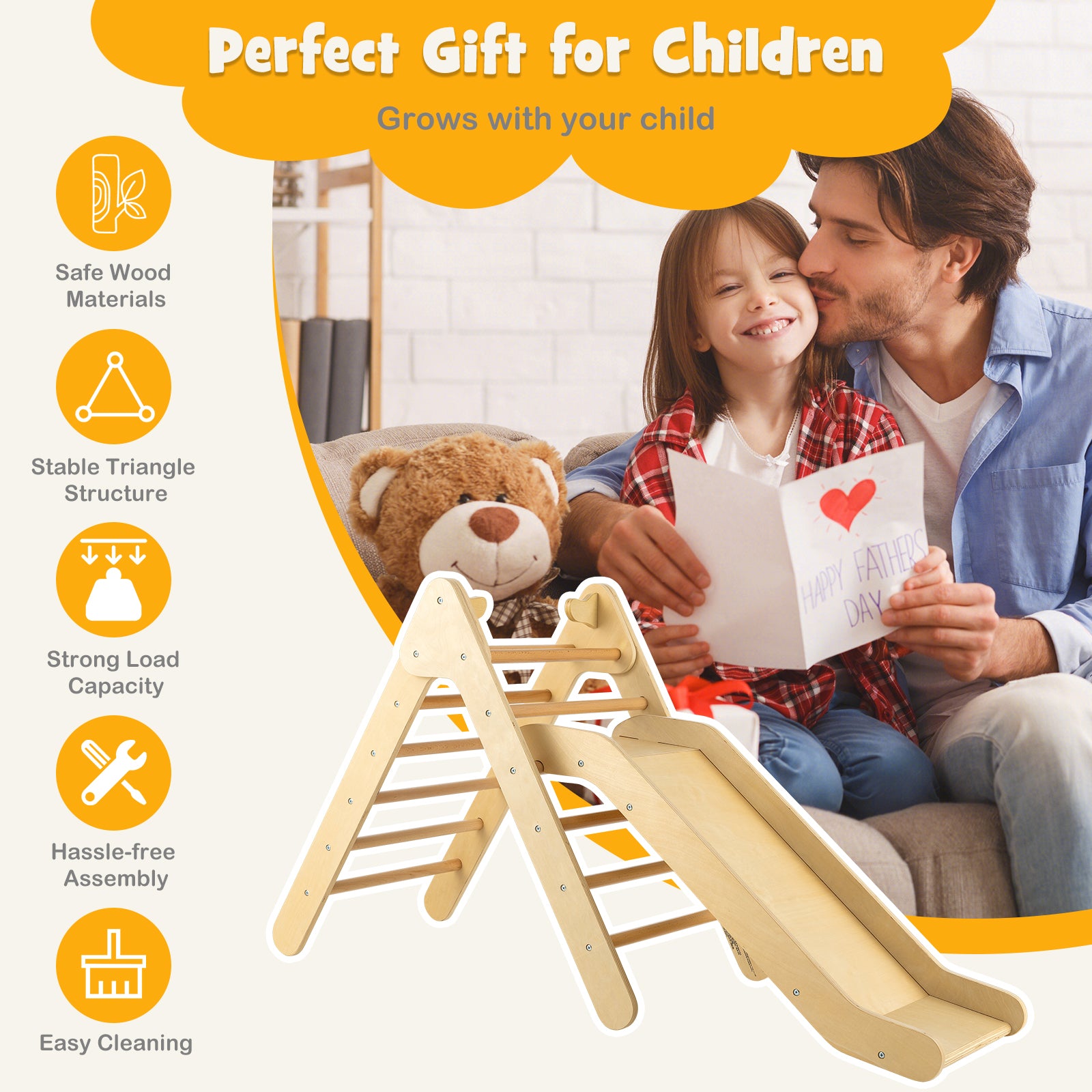 Wooden Triangle Climber Set, Adjustable Slide, Natural Climbers & Slides at Gallery Canada