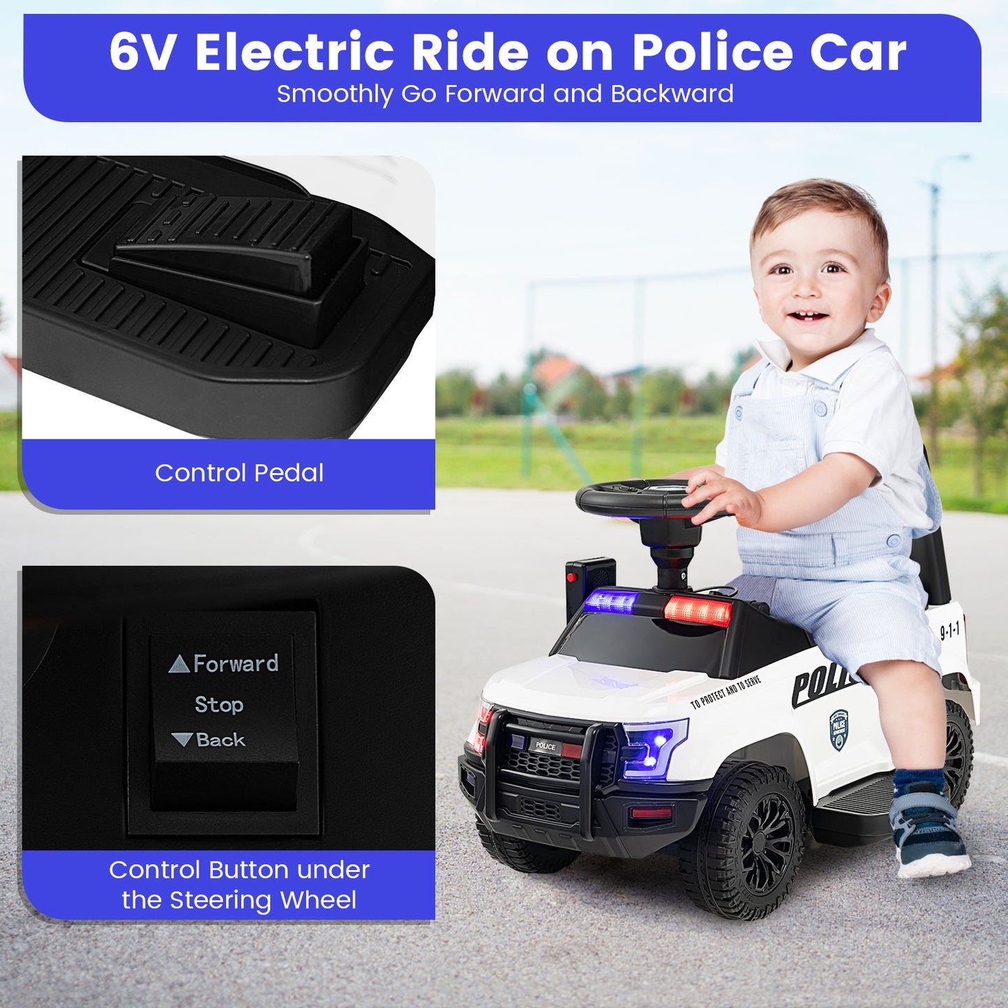 Kids Ride On Police Car, 6V, Real Megaphone Siren Lights, White Powered Ride On Toys at Gallery Canada