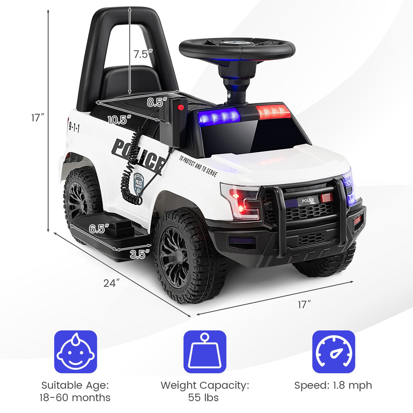 Kids Ride On Police Car, 6V, Real Megaphone Siren Lights, White Powered Ride On Toys at Gallery Canada