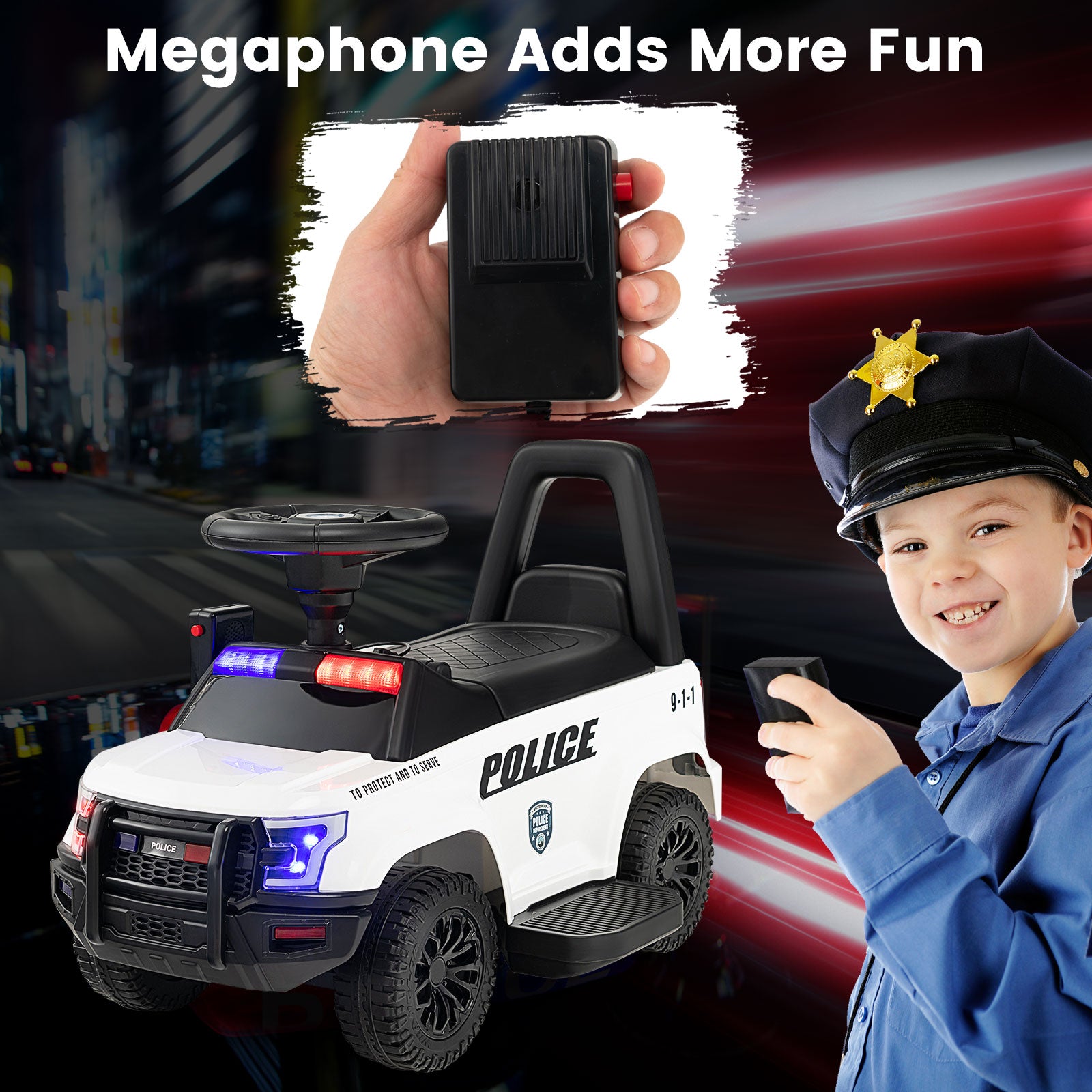 Kids Ride On Police Car, 6V, Real Megaphone Siren Lights, White Powered Ride On Toys at Gallery Canada
