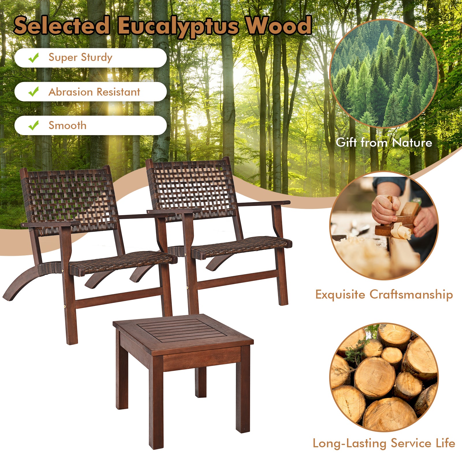 3 Piece Outdoor Wooden Rattan Patio Set, Brown Patio Conversation Sets at Gallery Canada
