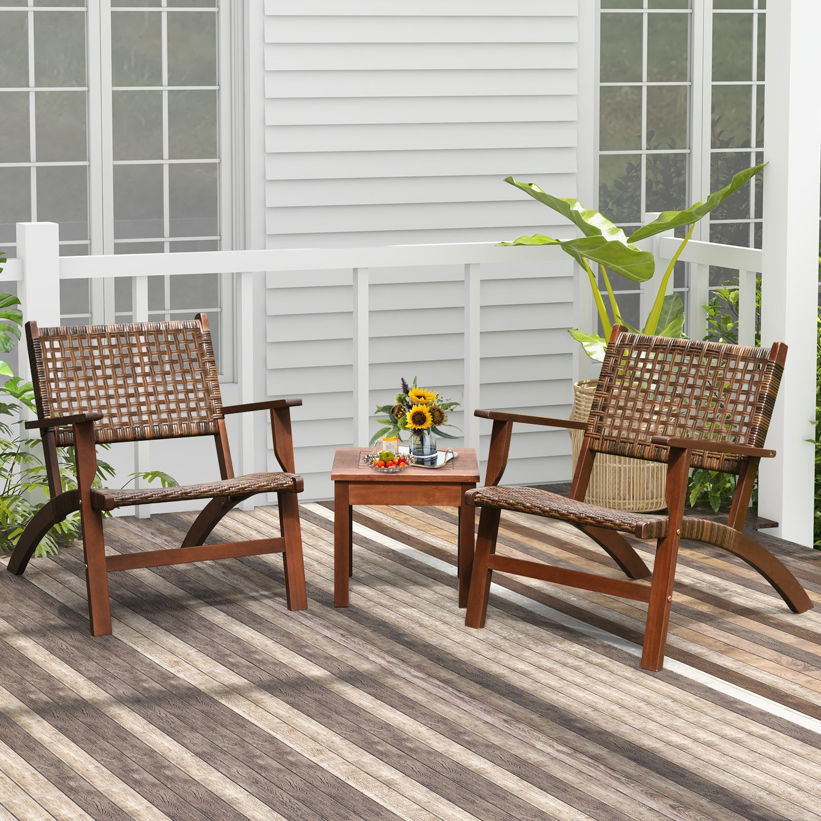 3 Piece Outdoor Wooden Rattan Patio Set, Brown Patio Conversation Sets at Gallery Canada