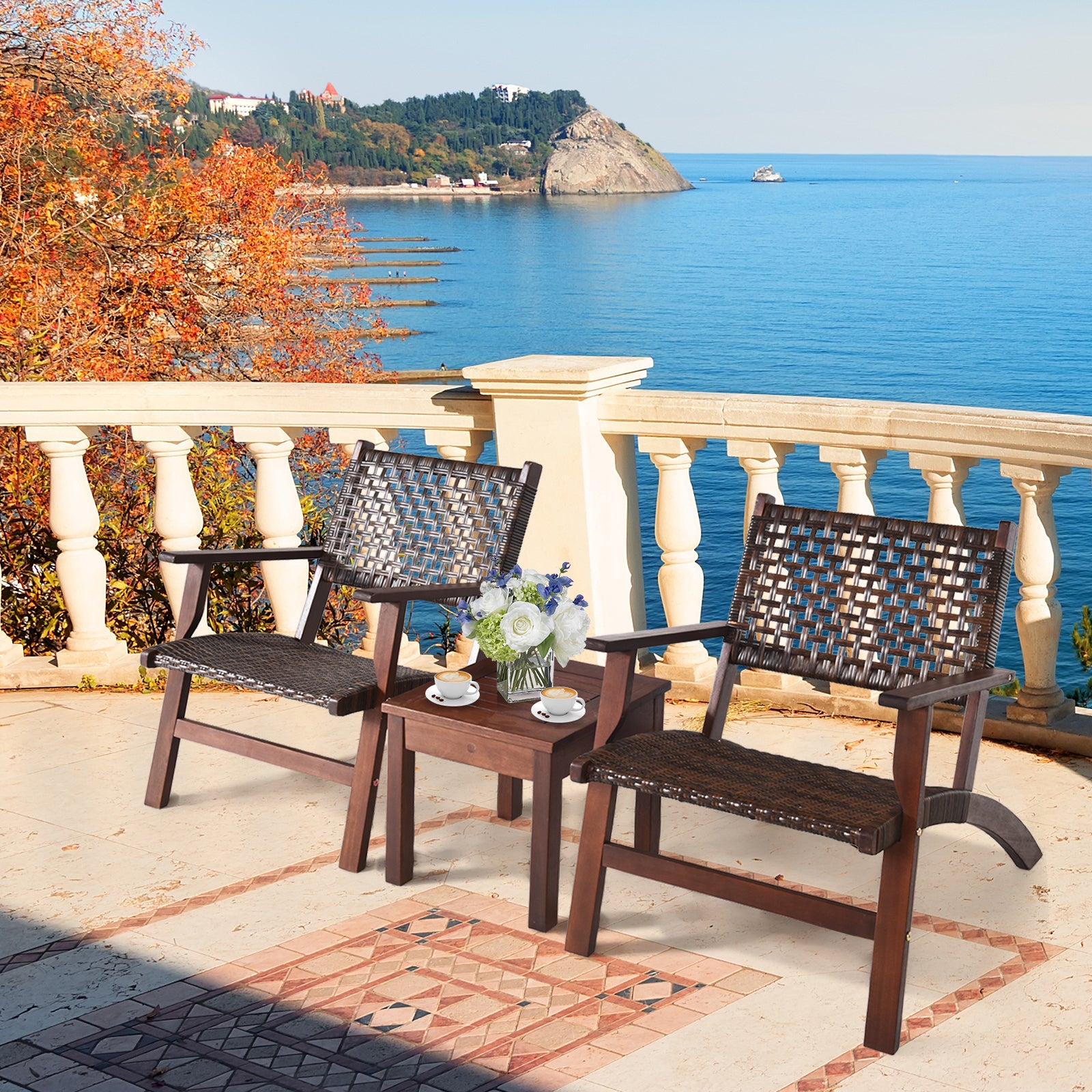 3 Piece Outdoor Wooden Rattan Patio Set, Brown Patio Conversation Sets at Gallery Canada