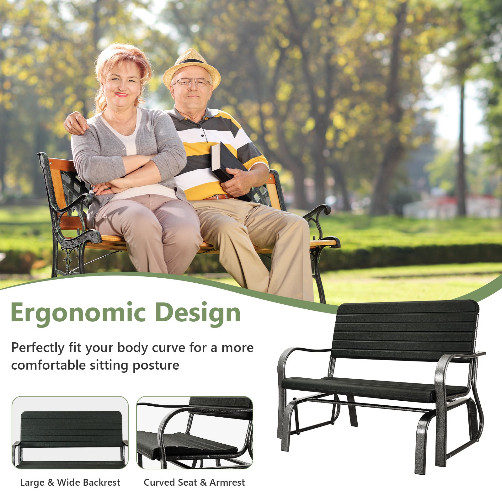 2-Seat Porch Glider, HDPE Back Seat, Steel Frame, Black Patio Rocking Chairs & Gliders at Gallery Canada