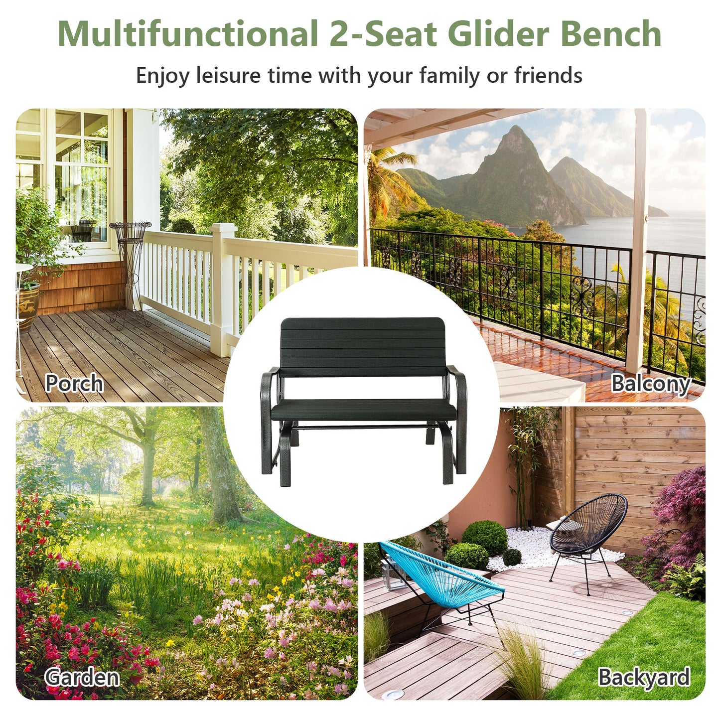 2-Seat Porch Glider, HDPE Back Seat, Steel Frame, Black Patio Rocking Chairs & Gliders at Gallery Canada