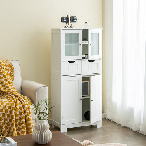 3 Tier Bathroom Cabinet, 2 Drawers, Glass Doors, White