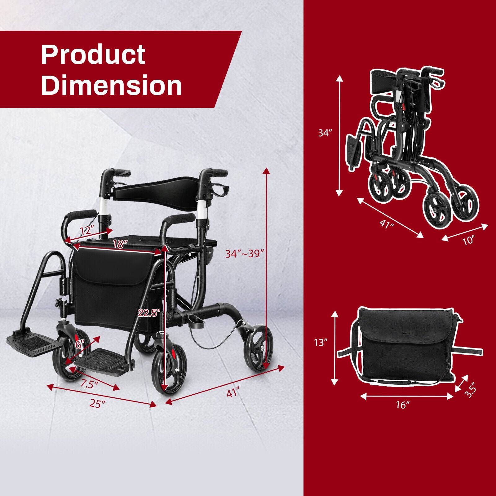 Folding Rollator Walker, 8-Inch Wheels, Seat, Black Walkers & Rollators at Gallery Canada