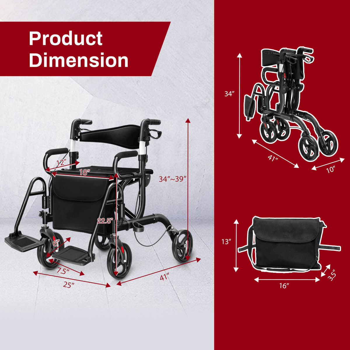 Folding Rollator Walker, 8-Inch Wheels, Seat, Black Walkers & Rollators at Gallery Canada