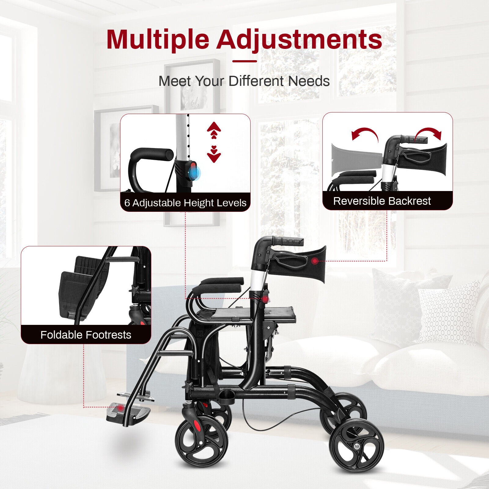 Folding Rollator Walker, 8-Inch Wheels, Seat, Black Walkers & Rollators at Gallery Canada