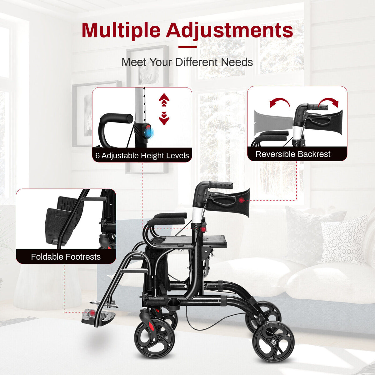 Folding Rollator Walker, 8-Inch Wheels, Seat, Black Walkers & Rollators at Gallery Canada
