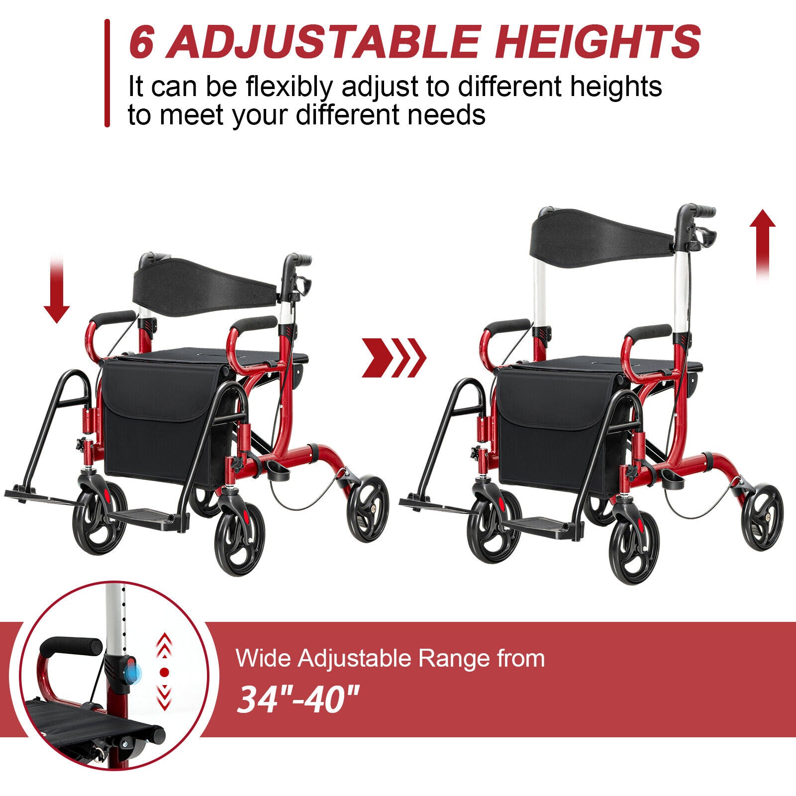 Folding Rollator Walker, 8-inch Wheels, Seat, Red Walkers & Rollators at Gallery Canada