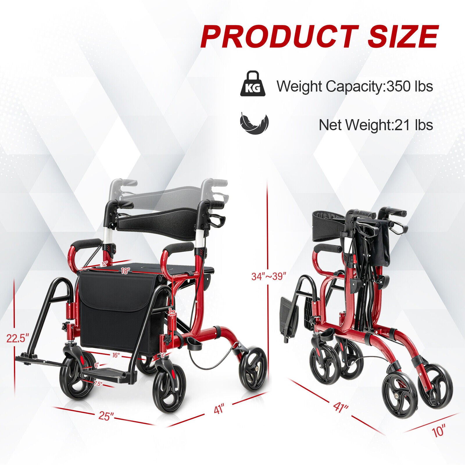 Folding Rollator Walker, 8-inch Wheels, Seat, Red Walkers & Rollators at Gallery Canada