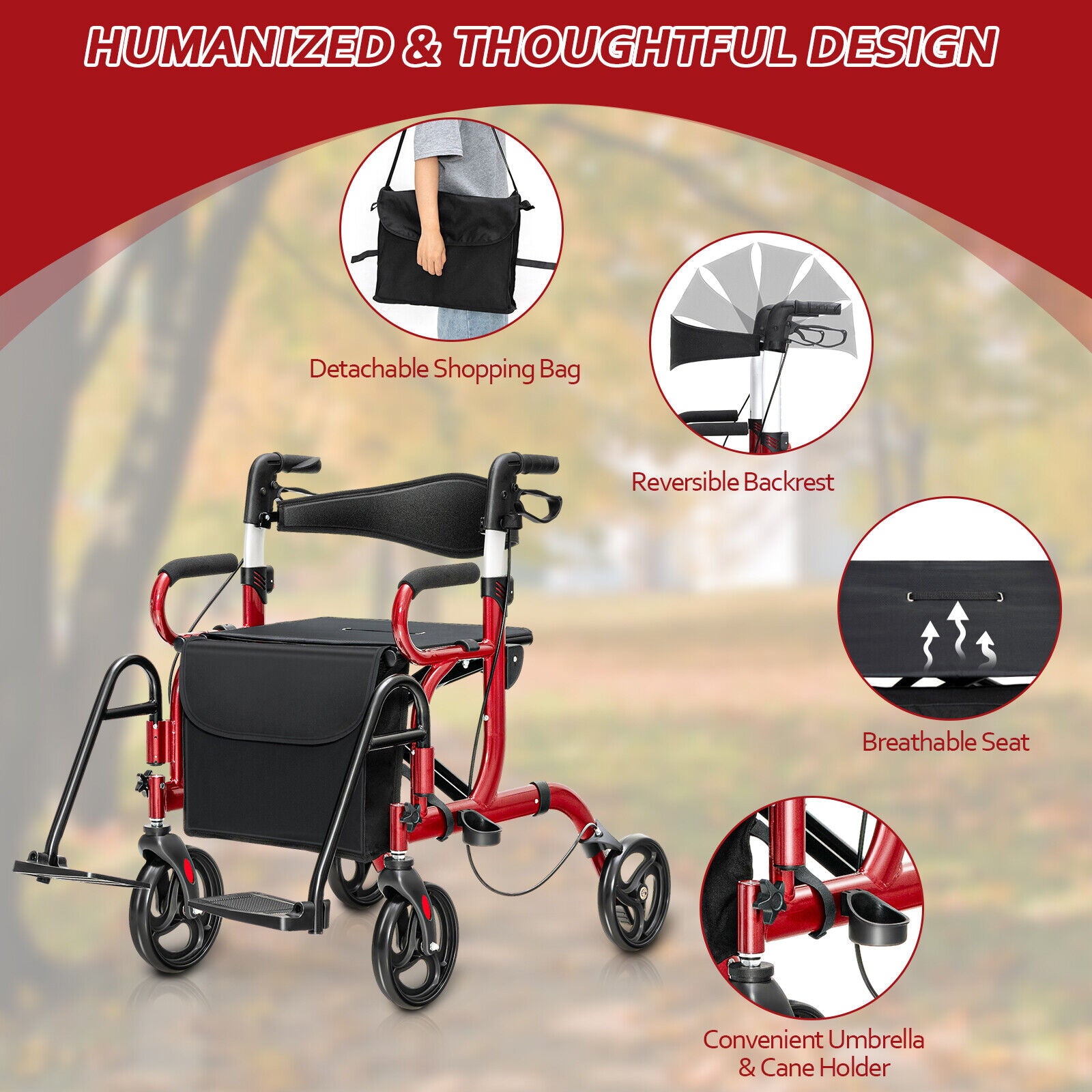 Folding Rollator Walker, 8-inch Wheels, Seat, Red Walkers & Rollators at Gallery Canada