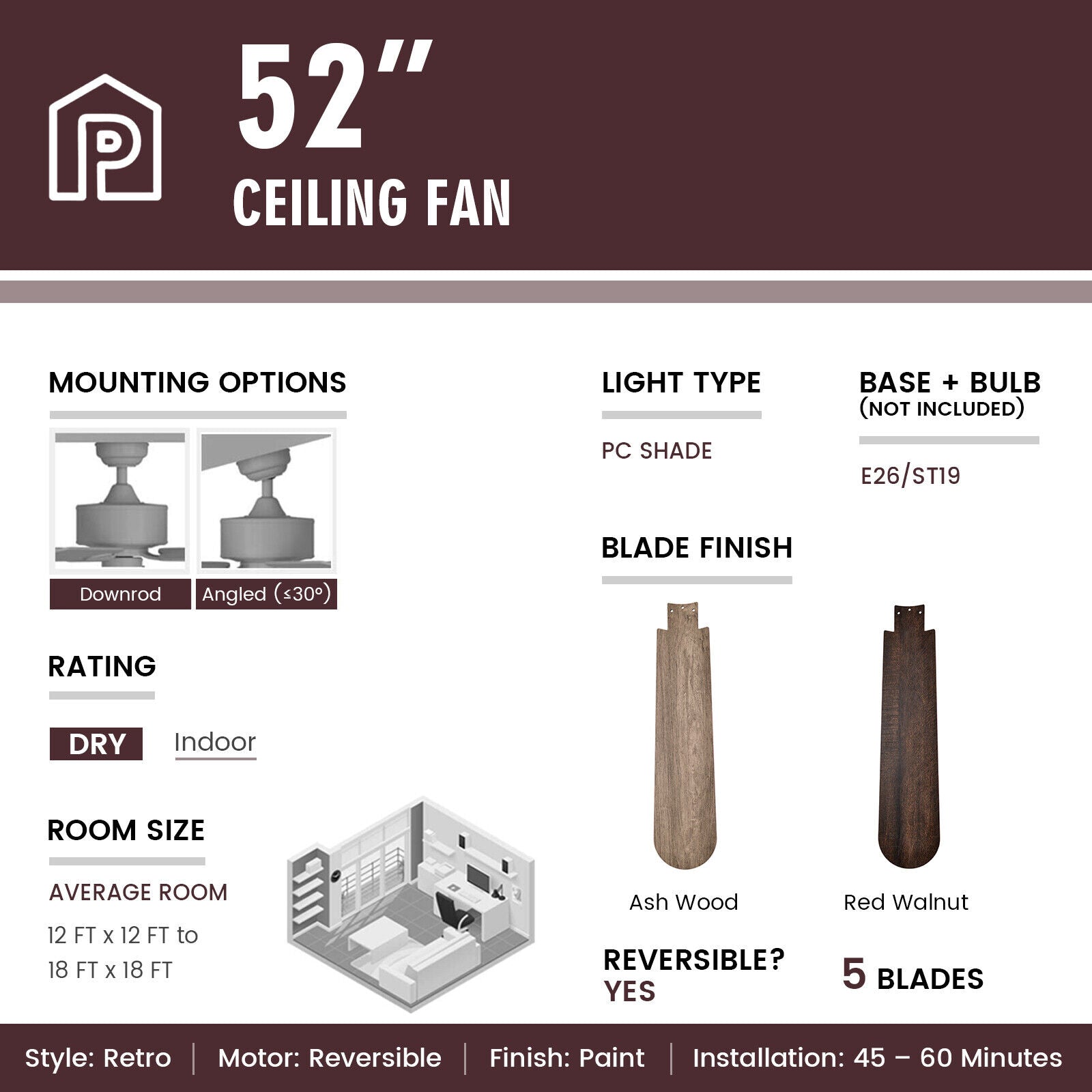 52 Inches Ceiling Fan With Remote Control, Walnut Ceiling Fans at Gallery Canada