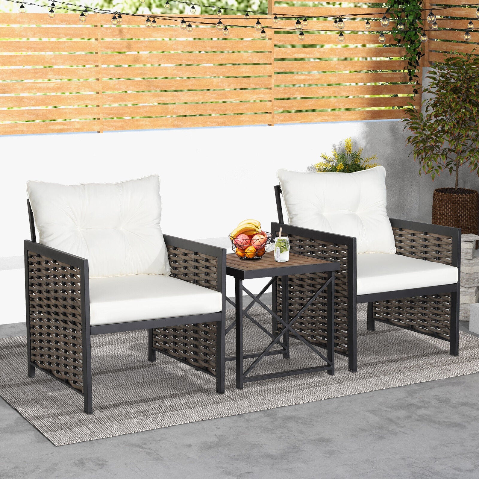 3-Piece Patio Rattan Set, Acacia Wood Tabletop, White Patio Conversation Sets at Gallery Canada