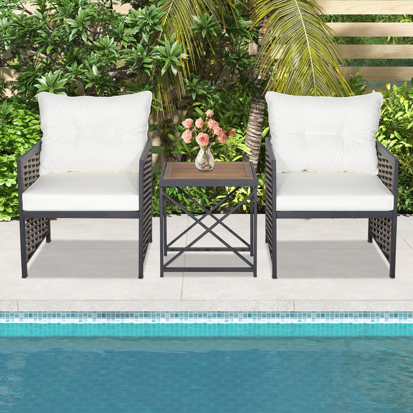 3-Piece Patio Rattan Set, Acacia Wood Tabletop, White Patio Conversation Sets at Gallery Canada