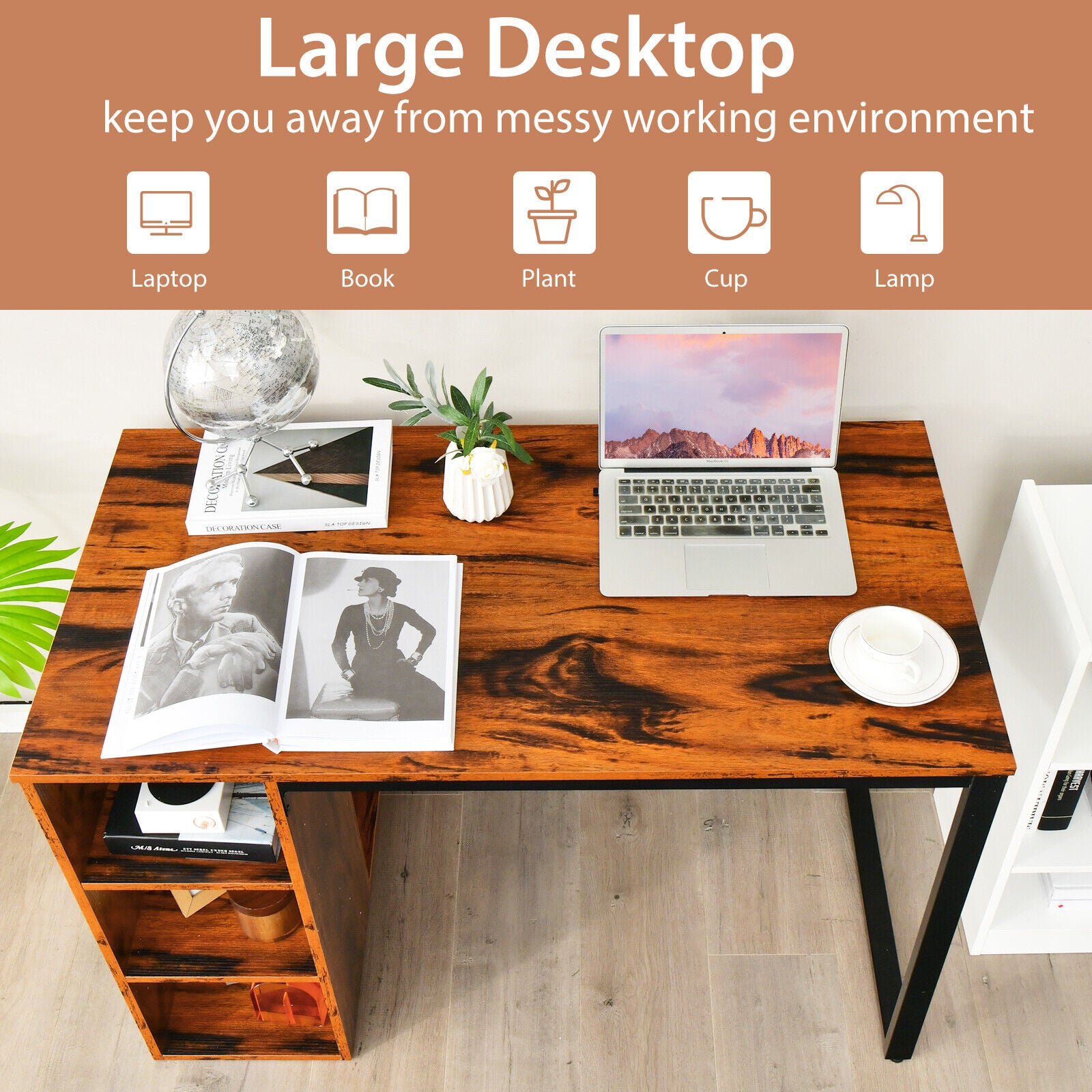Computer Desk with 5 Side Shelves and Metal Frame, Rustic Brown Computer Desks at Gallery Canada