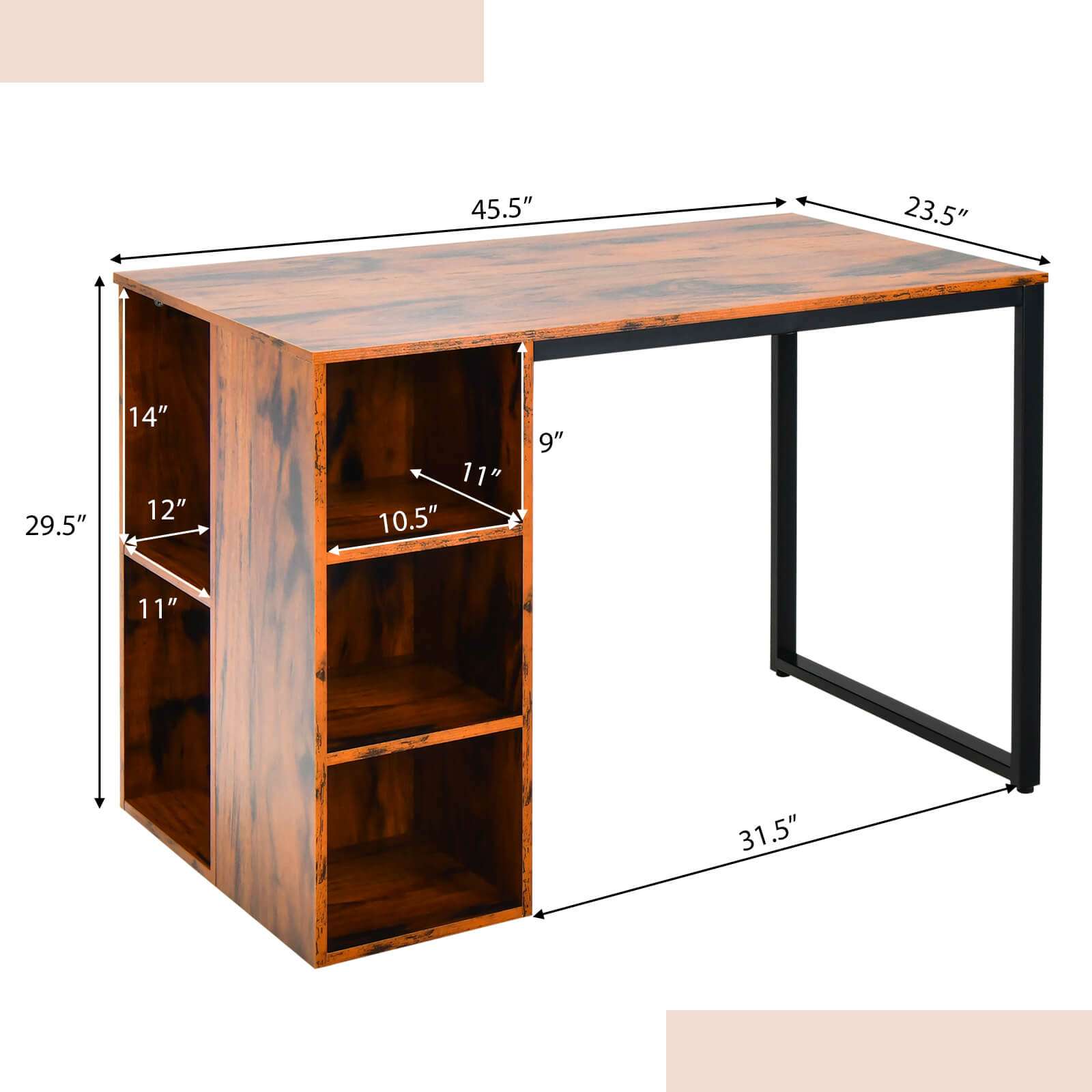 Computer Desk with 5 Side Shelves and Metal Frame, Rustic Brown Computer Desks at Gallery Canada