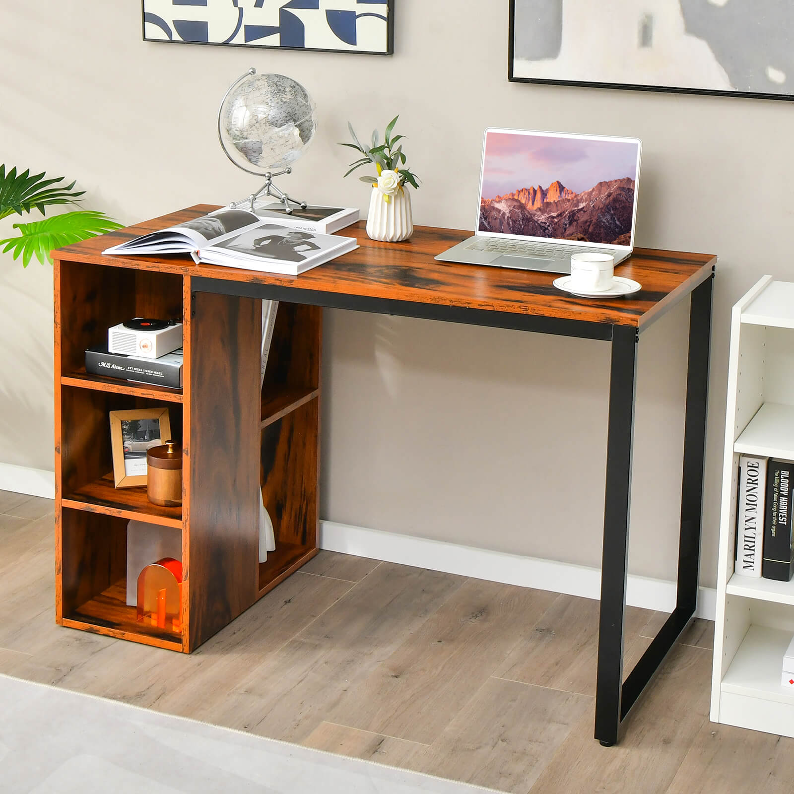 Computer Desk with 5 Side Shelves and Metal Frame, Rustic Brown Computer Desks at Gallery Canada