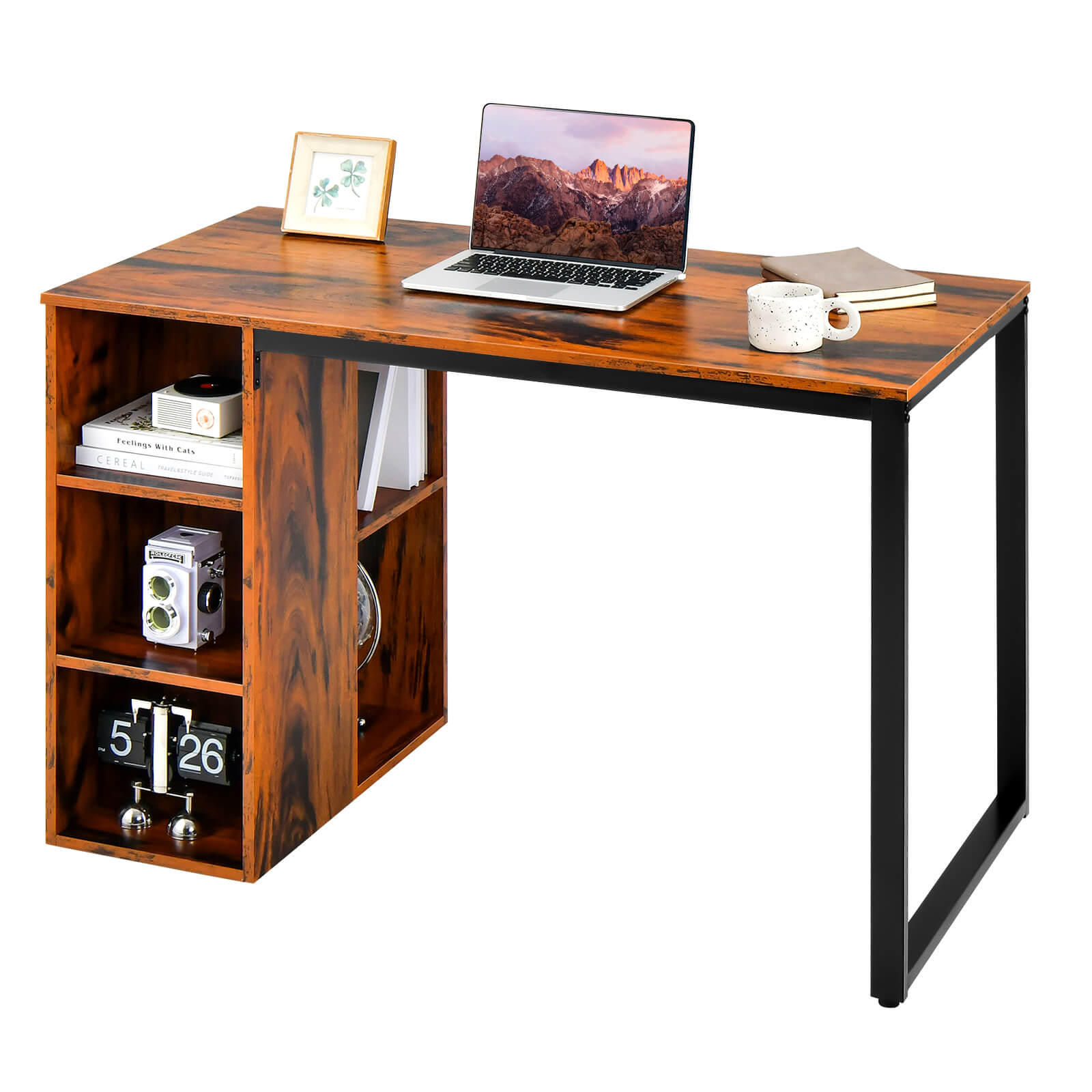 Computer Desk with 5 Side Shelves and Metal Frame, Rustic Brown Computer Desks at Gallery Canada