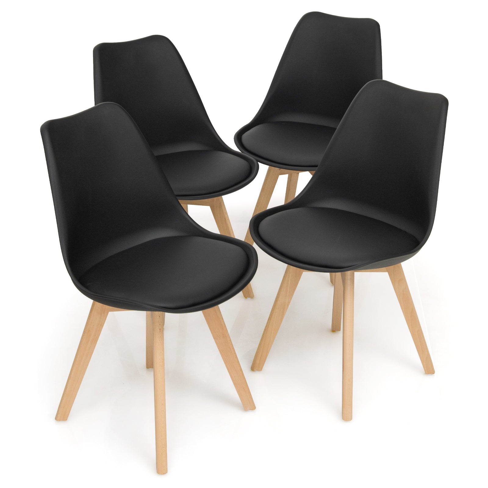 Set of 4 Dining Chairs, Mid-Century Modern, PU Seat, Wooden Legs, Black Dining Chairs at Gallery Canada