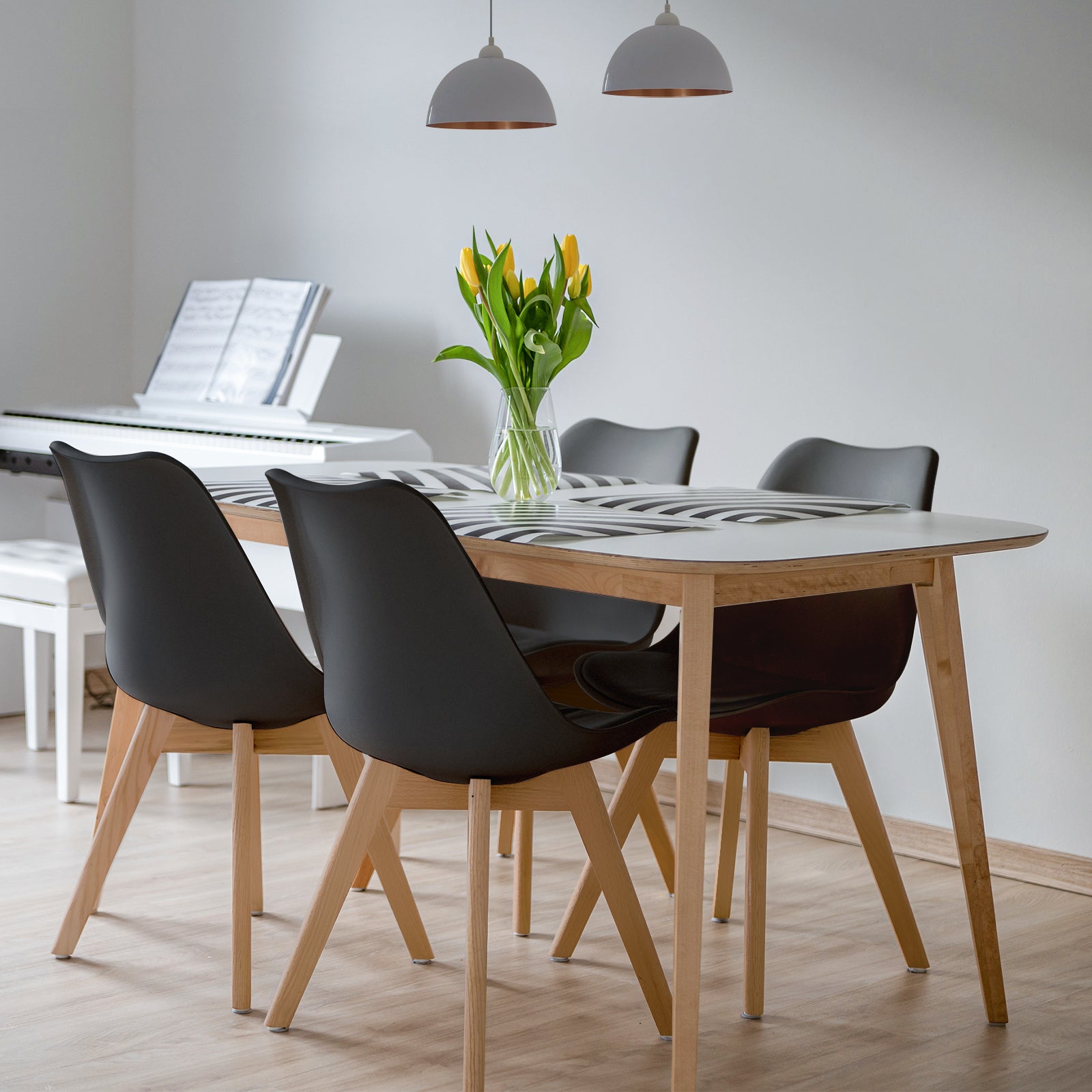 Set of 4 Dining Chairs, Mid-Century Modern, PU Seat, Wooden Legs, Black Dining Chairs at Gallery Canada