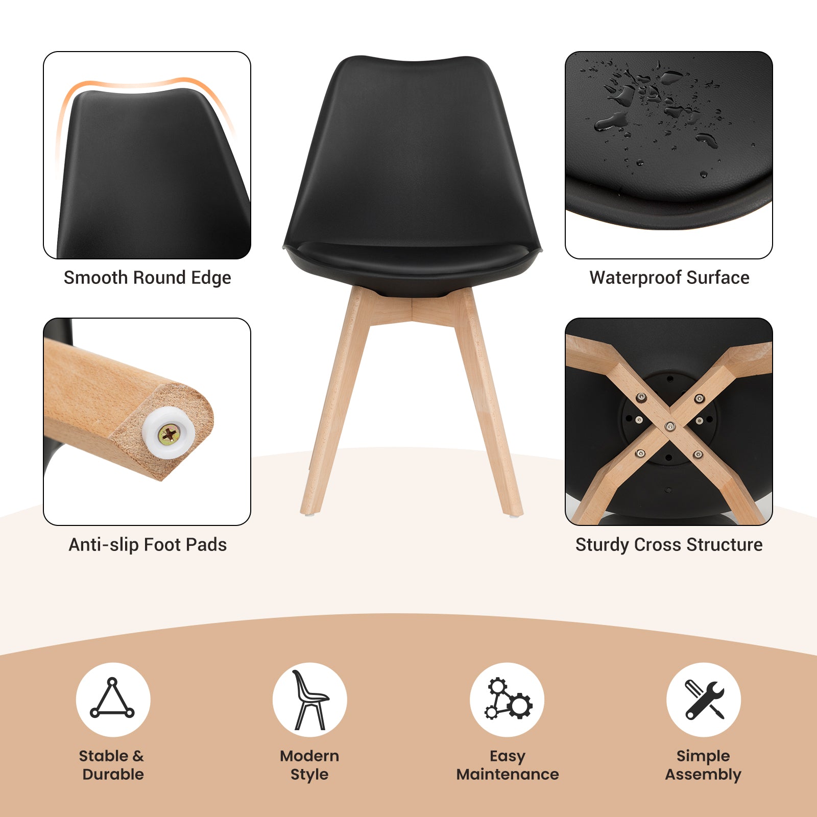 Set of 4 Dining Chairs, Mid-Century Modern, PU Seat, Wooden Legs, Black Dining Chairs at Gallery Canada