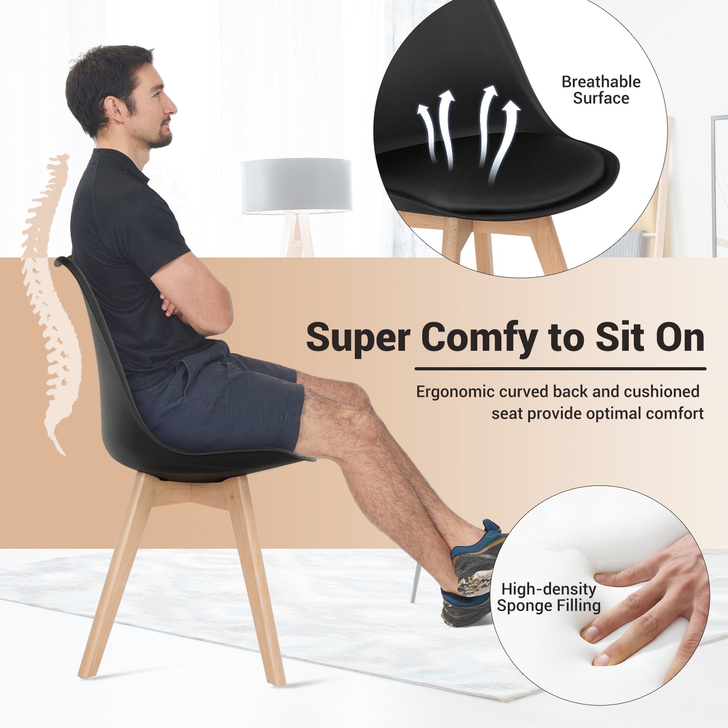 Set of 4 Dining Chairs, Mid-Century Modern, PU Seat, Wooden Legs, Black Dining Chairs at Gallery Canada