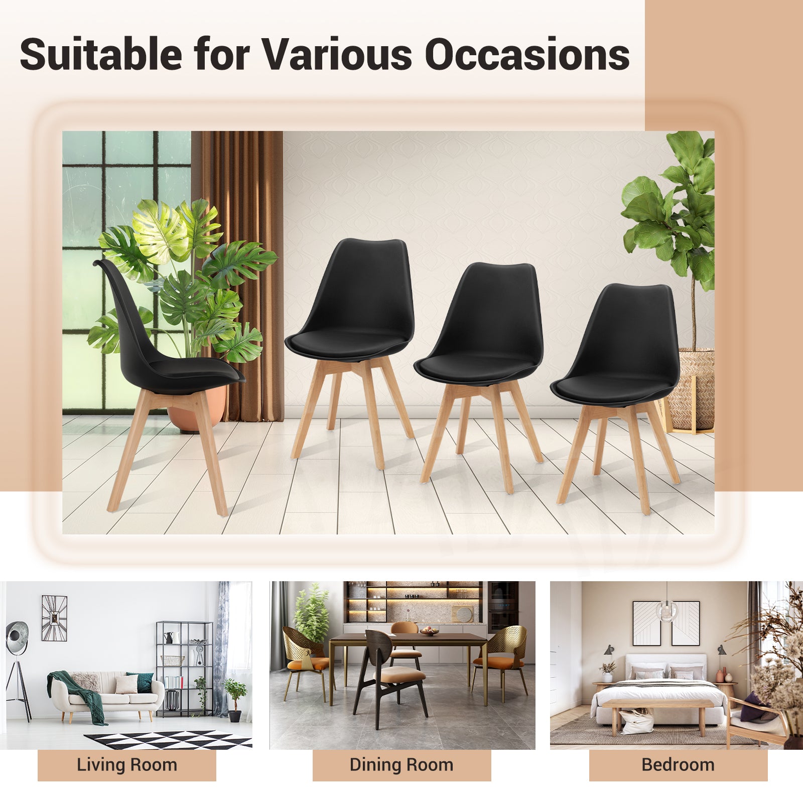 Set of 4 Dining Chairs, Mid-Century Modern, PU Seat, Wooden Legs, Black Dining Chairs at Gallery Canada