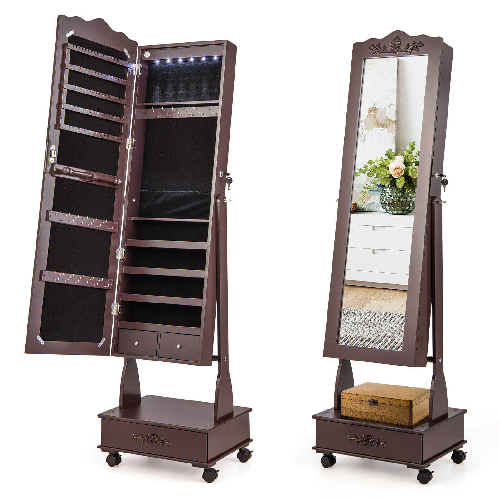 Rolling Floor Standing Mirrored Jewelry Armoire, Lock, Drawers, Brown Jewelry Armoires at Gallery Canada