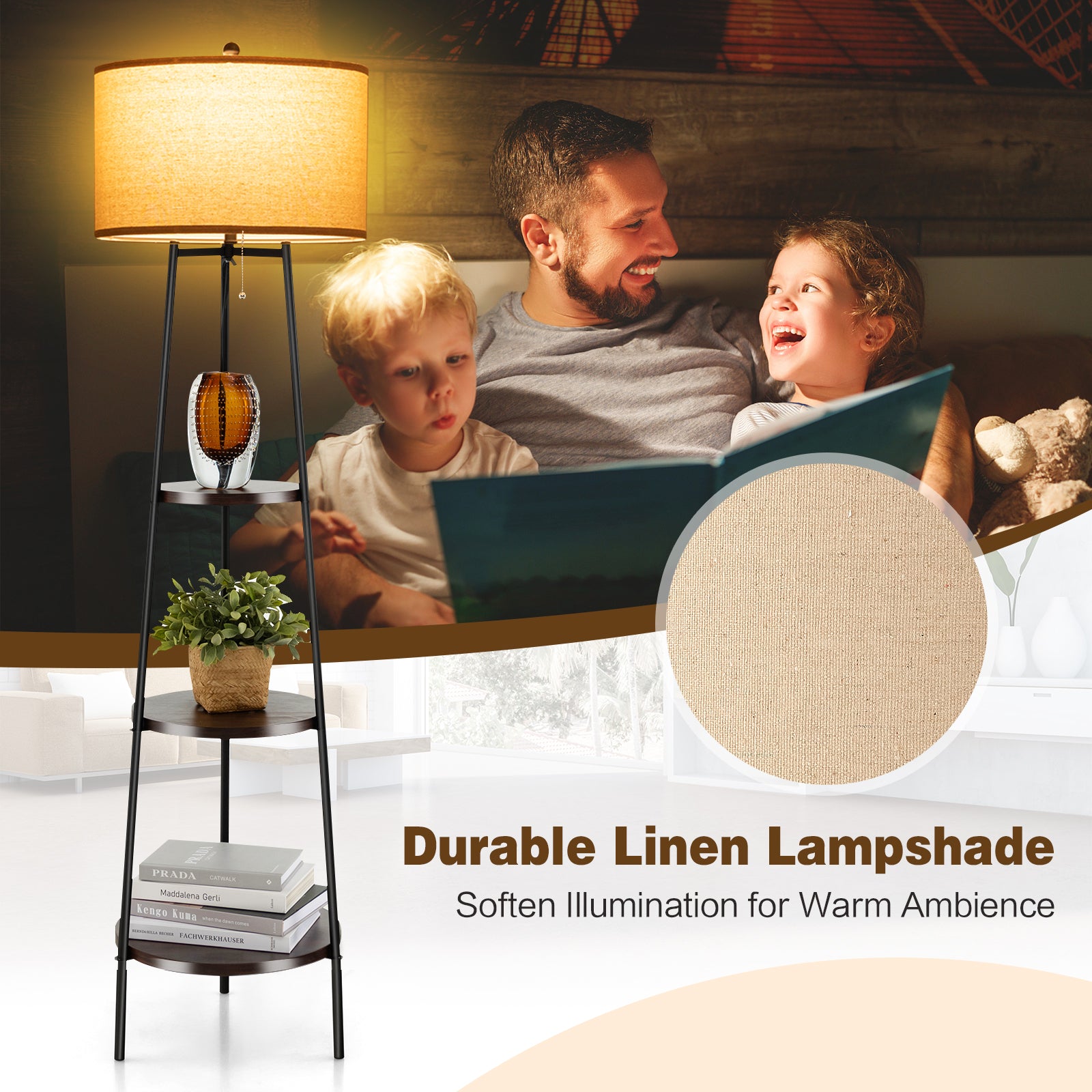 Standing Shelf Floor Lamp, Storage Shelves, Linen Lampshade, Black Table & Floor Lamps at Gallery Canada