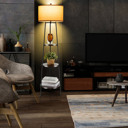 Standing Shelf Floor Lamp, Storage Shelves, Linen Lampshade, Black Table & Floor Lamps at Gallery Canada