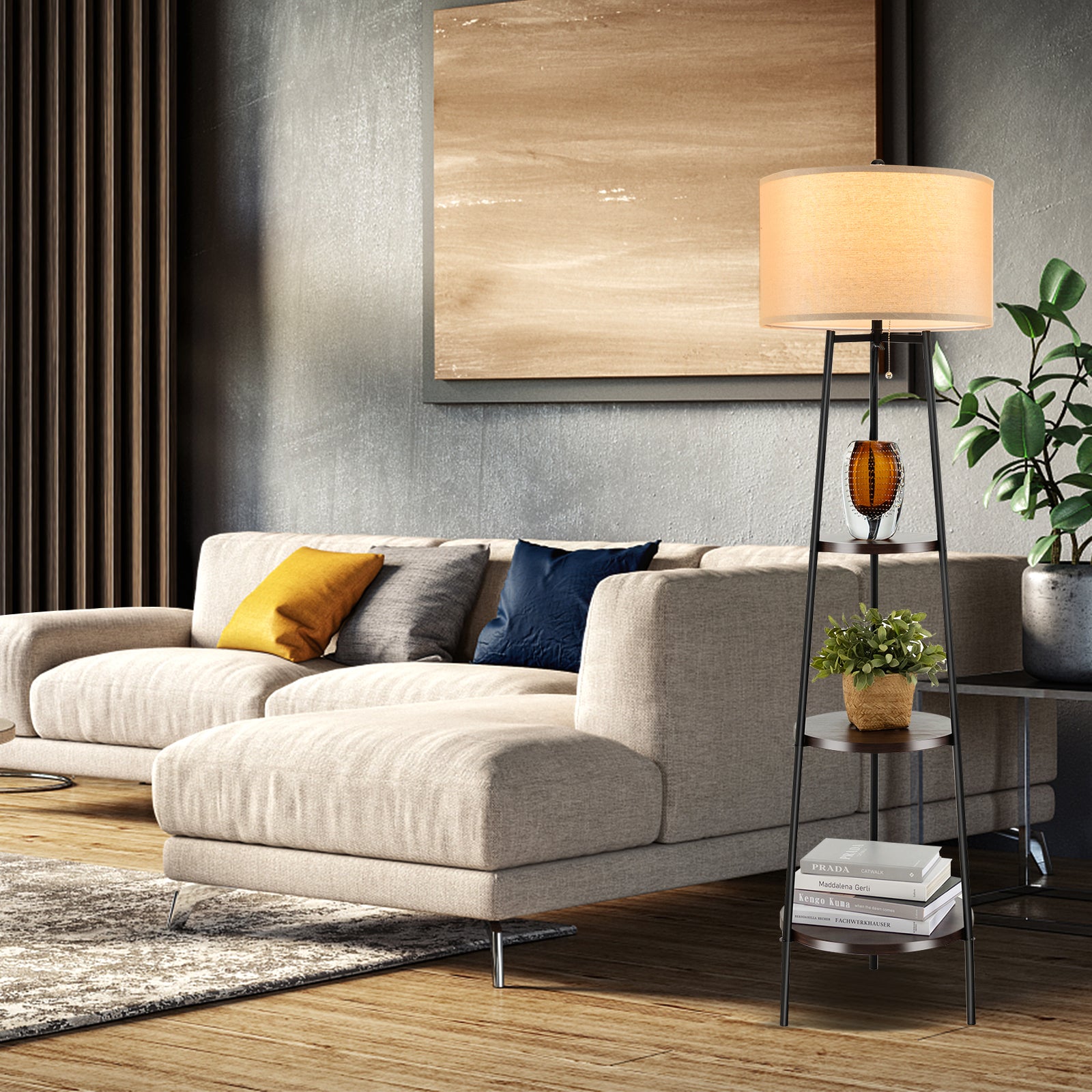 Standing Shelf Floor Lamp, Storage Shelves, Linen Lampshade, Black Table & Floor Lamps at Gallery Canada