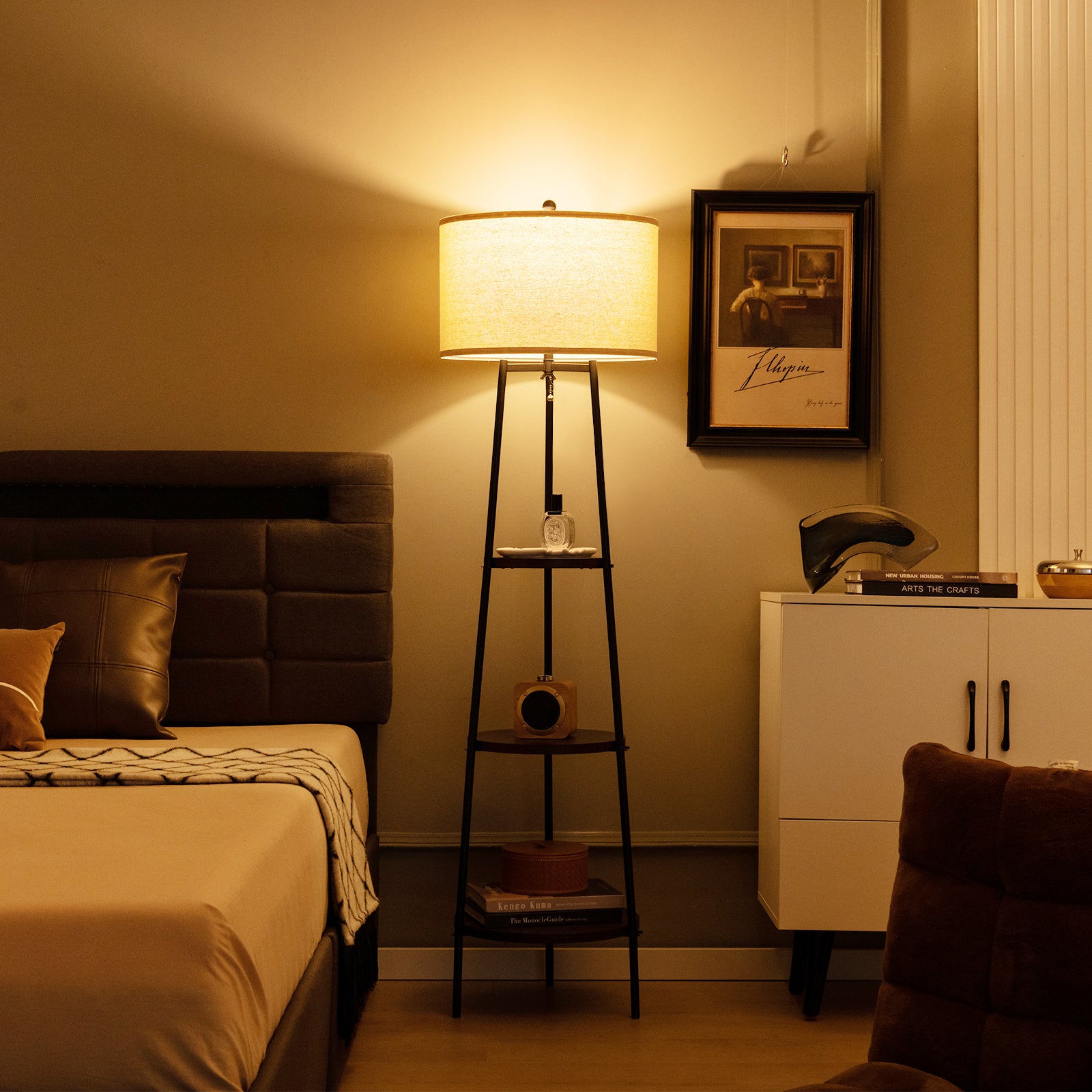 Standing Shelf Floor Lamp, Storage Shelves, Linen Lampshade, Black Table & Floor Lamps at Gallery Canada