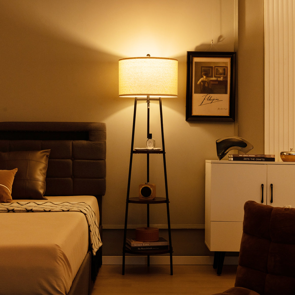 Standing Shelf Floor Lamp, Storage Shelves, Linen Lampshade, Black Table & Floor Lamps at Gallery Canada