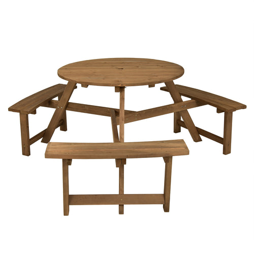 6-Person Round Wooden Picnic Table, With Umbrella Hole And Benches, Dark Brown