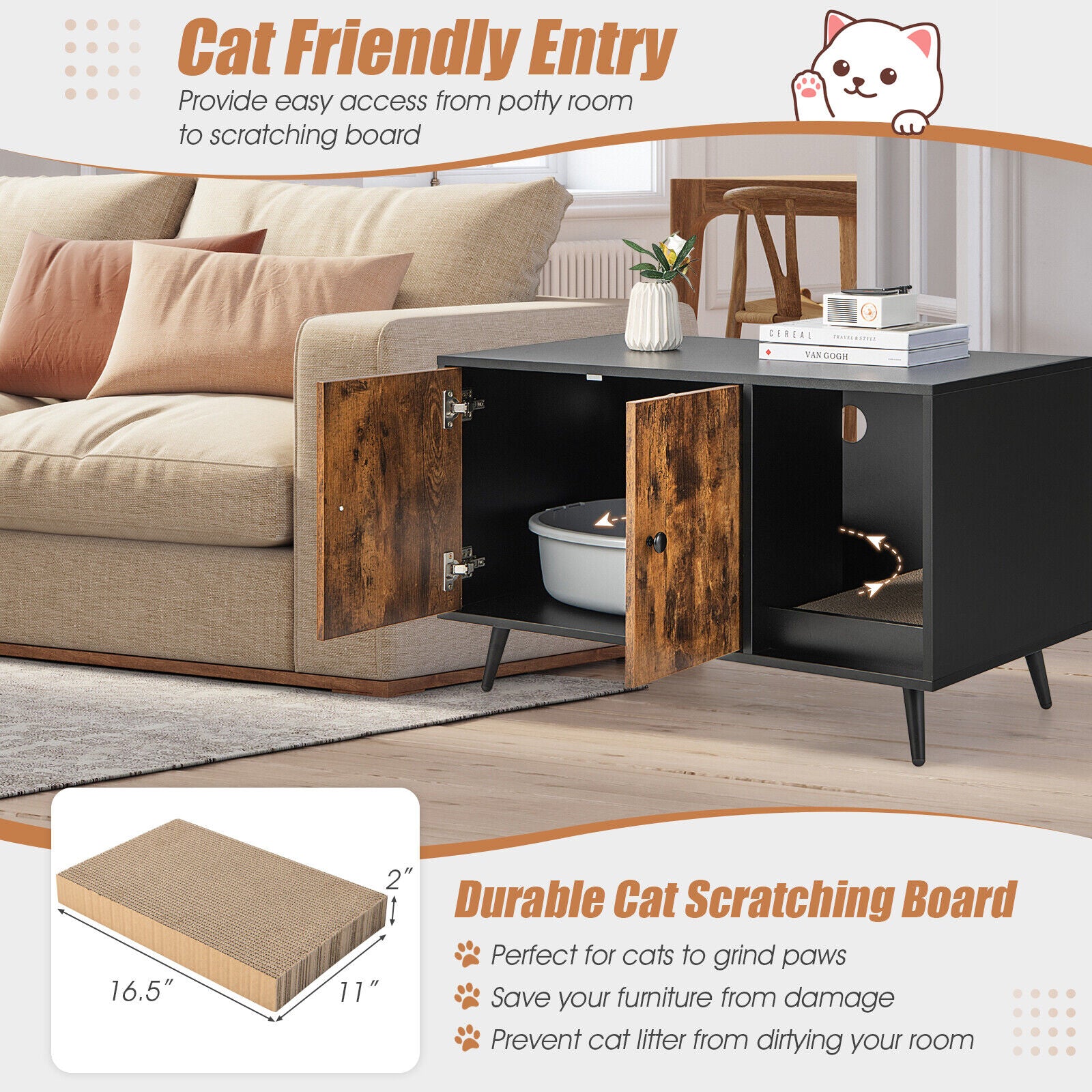 Cat Litter Box Enclosure, Double Door Cabinet, Natural Cat Houses at Gallery Canada